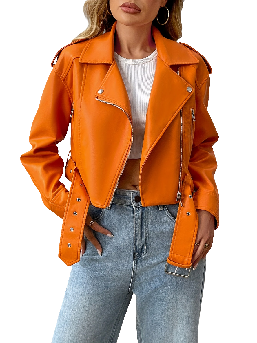 Women’s Casual PU Leather Jacket with Belt by Snagg A Jacket