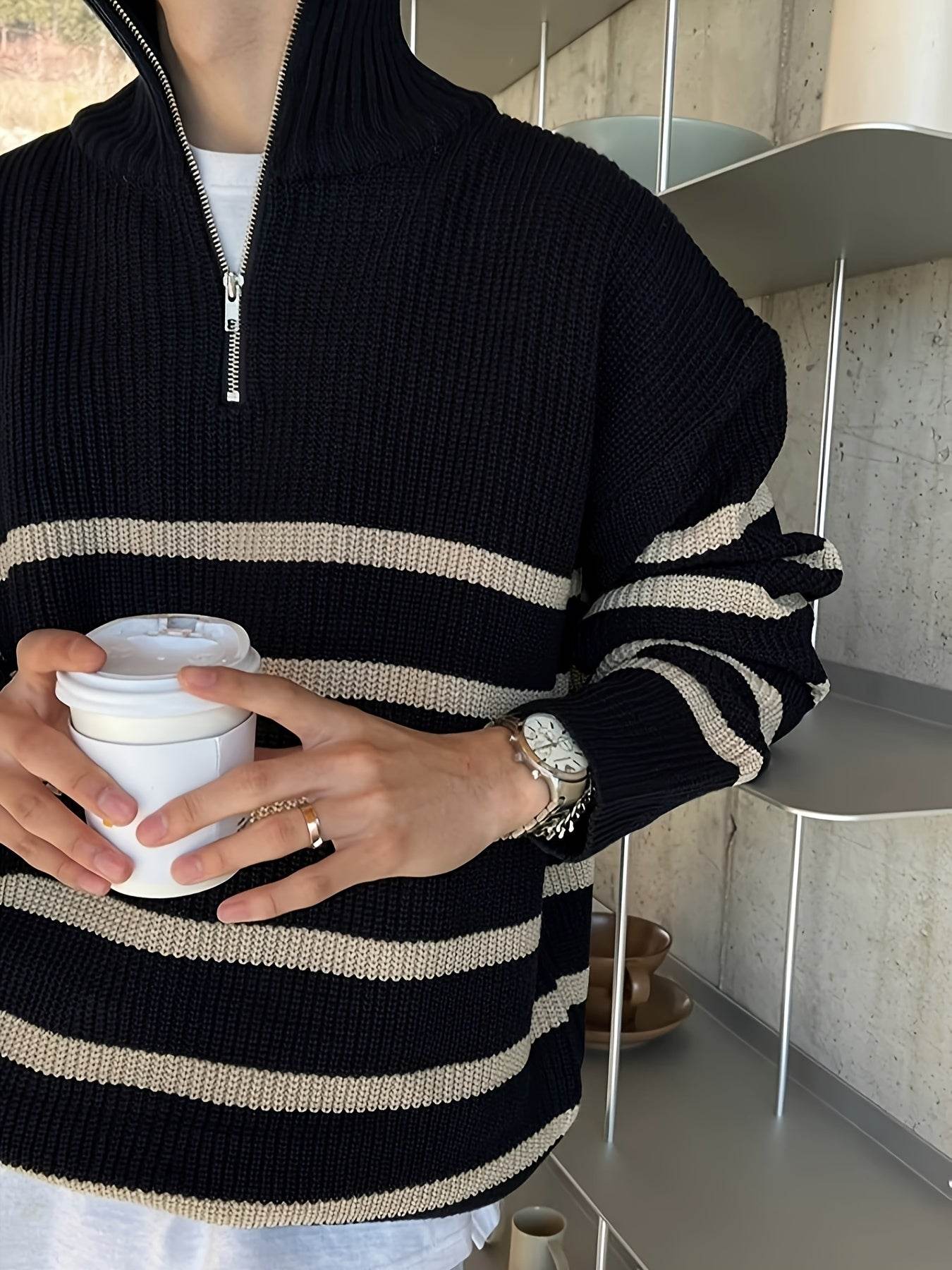 Casual Knitted Men’s Pullover with High Neck & Quarter Zip - SnaggIt