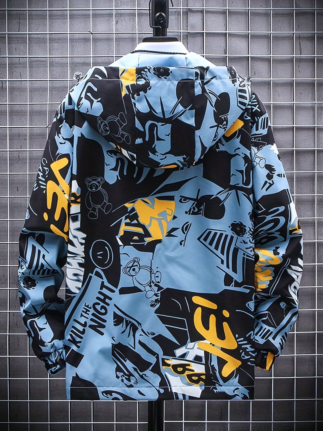 Men’s Graffiti Print Hooded Windbreaker – Mid-Length, Unisex Streetwear by Snagg A Jacket