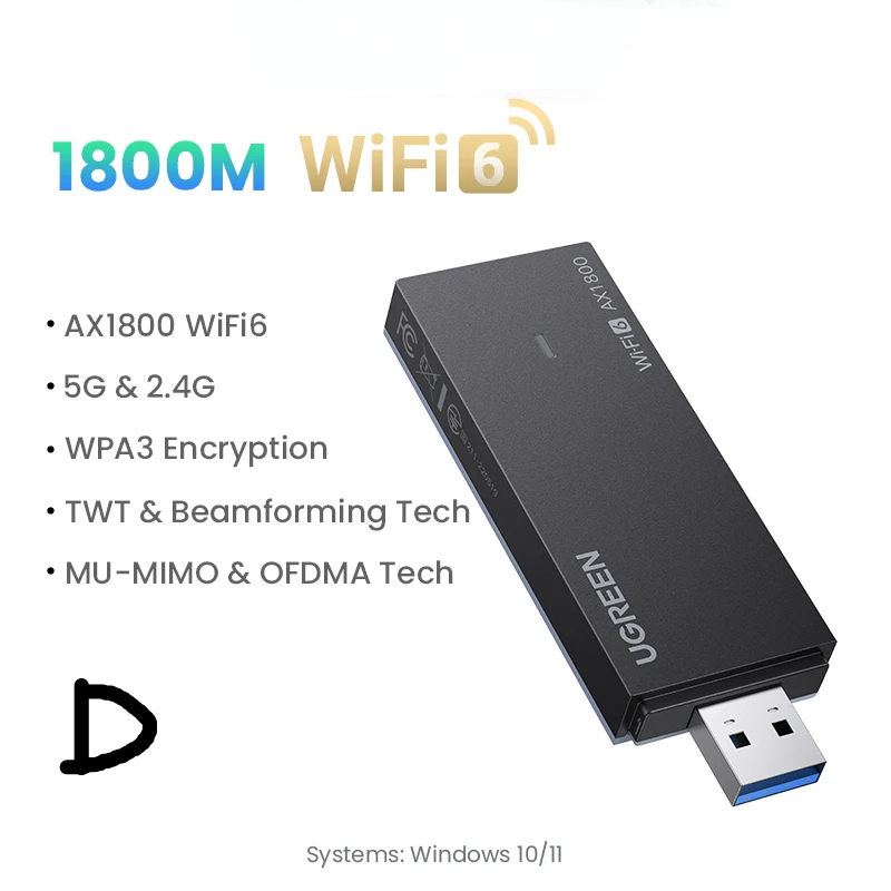 AX1800 WiFi 6 USB Adapter – Dual-Band 2.4G/5GHz Dongle with Antenna for Desktop & Laptop by Snagg A USB WiFi Adapter