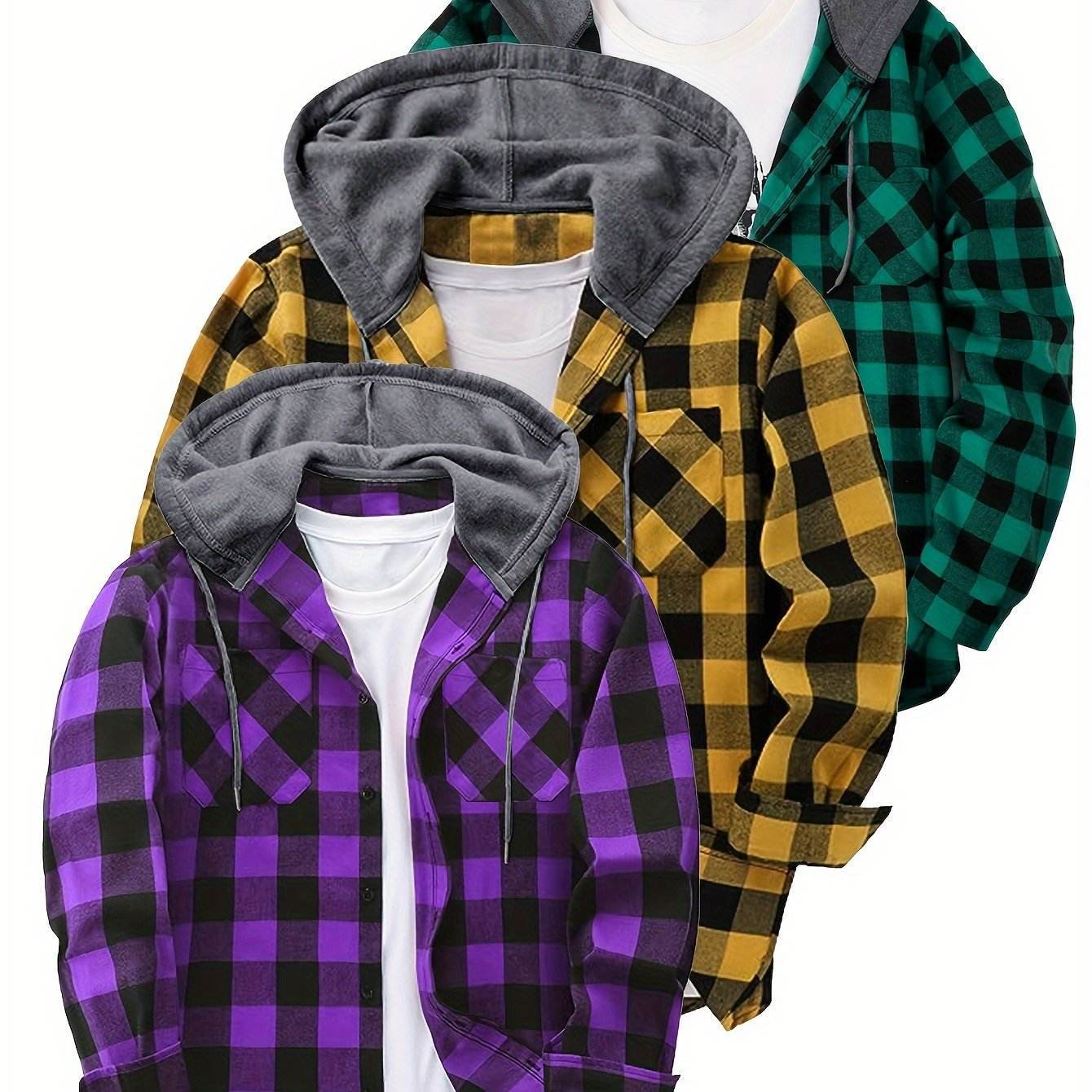 3pcs Men’s Hooded Plaid Flannel Shirts - SnaggIt