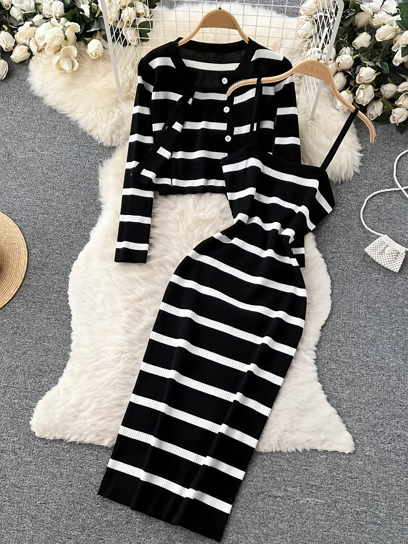 Striped Crew Neck Button-Up Sweater & Pencil Dress Set by Snagg A Dress