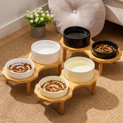 Slow Food Ceramic Cat & Dog Bowl with Elevated Wooden Stand by Snagg A Feeder