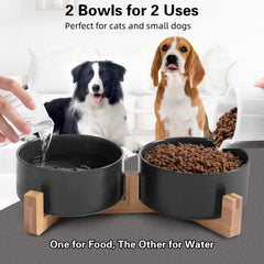 Non-Slip Ceramic Double Pet Food Bowl with Bamboo Stand by Snagg A Feeder