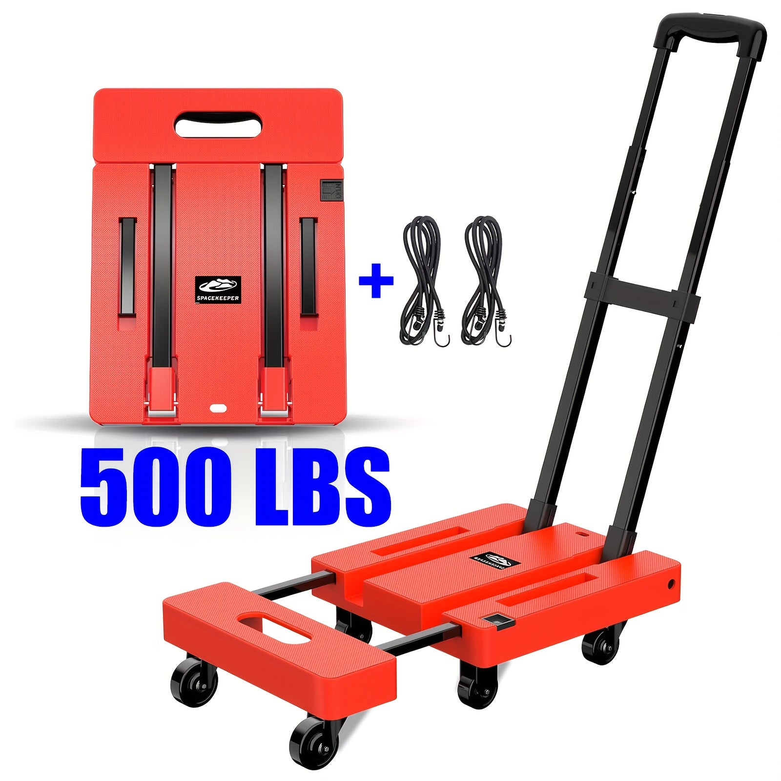 500LB Folding Hand Truck – Heavy Duty Luggage Cart with 6 Wheels & Elastic Ropes - Orange - General Tools