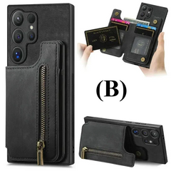 Zipper Leather Magnetic Wallet Case – Samsung Galaxy S25 Series - B - Black / Phone Cases & Covers