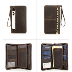 Genuine Leather Family Passport Clutch Wallet with Card Holder & Phone Pocket