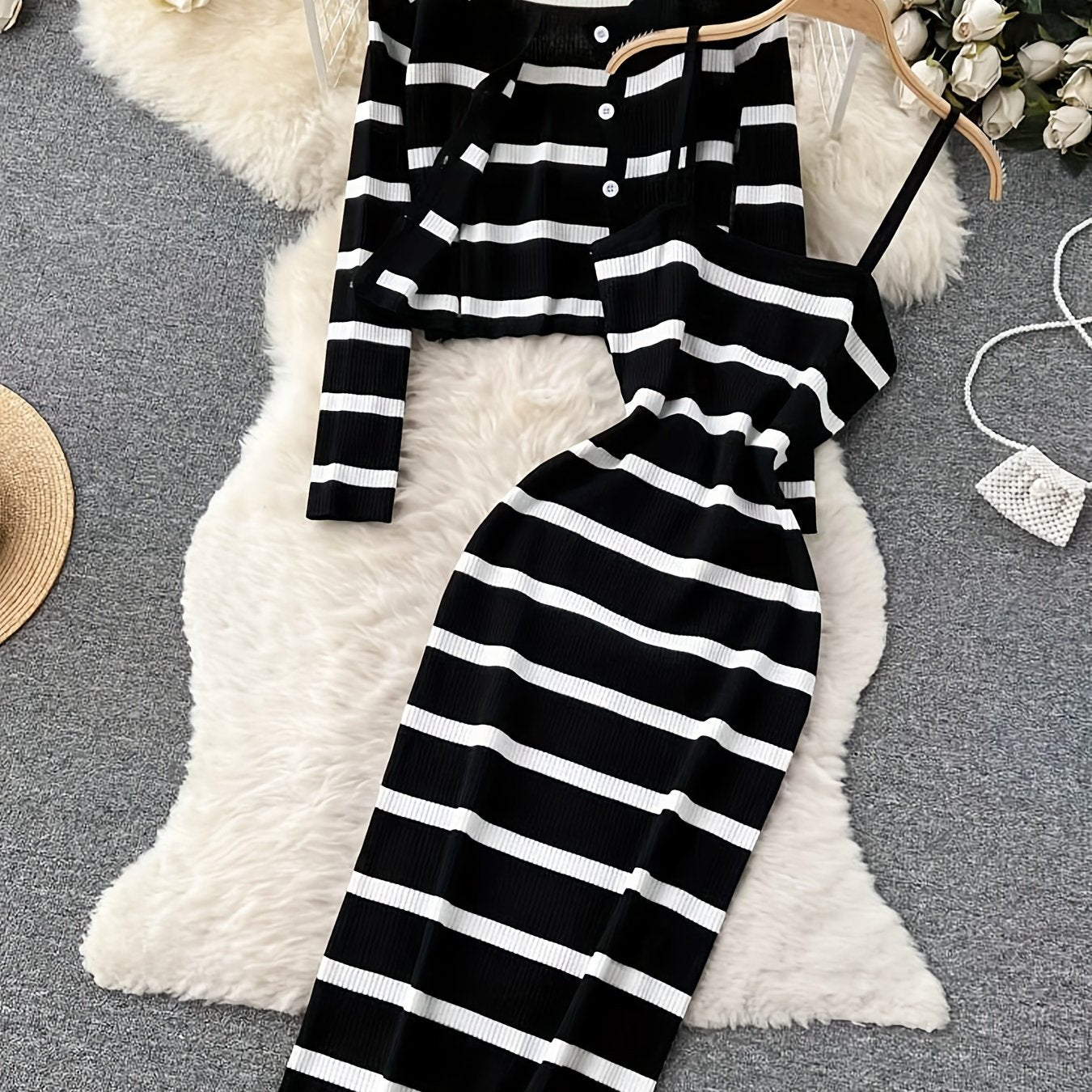 Striped Crew Neck Button-Up Sweater & Pencil Dress Set by Snagg A Dress