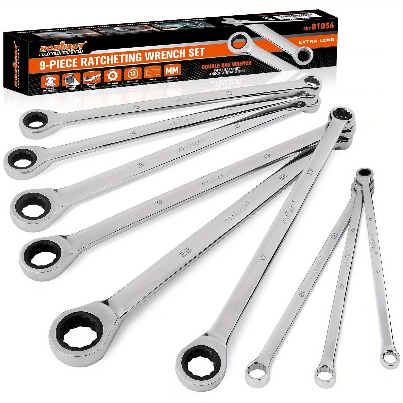 9-Piece Extra Long Ratchet Spanner Set - SnaggIt
