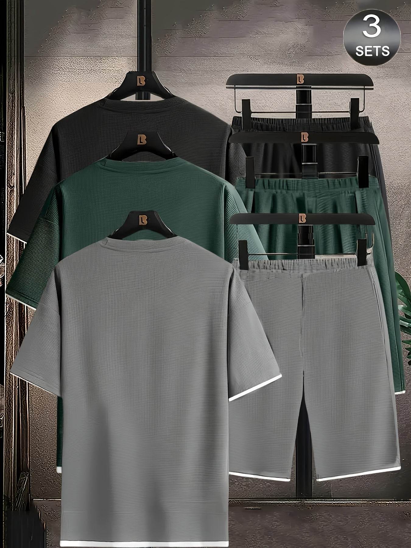 6pcs Waffle Men’s Pajama Set – Short Sleeve & Shorts Multi-Piece Homewear - SnaggIt