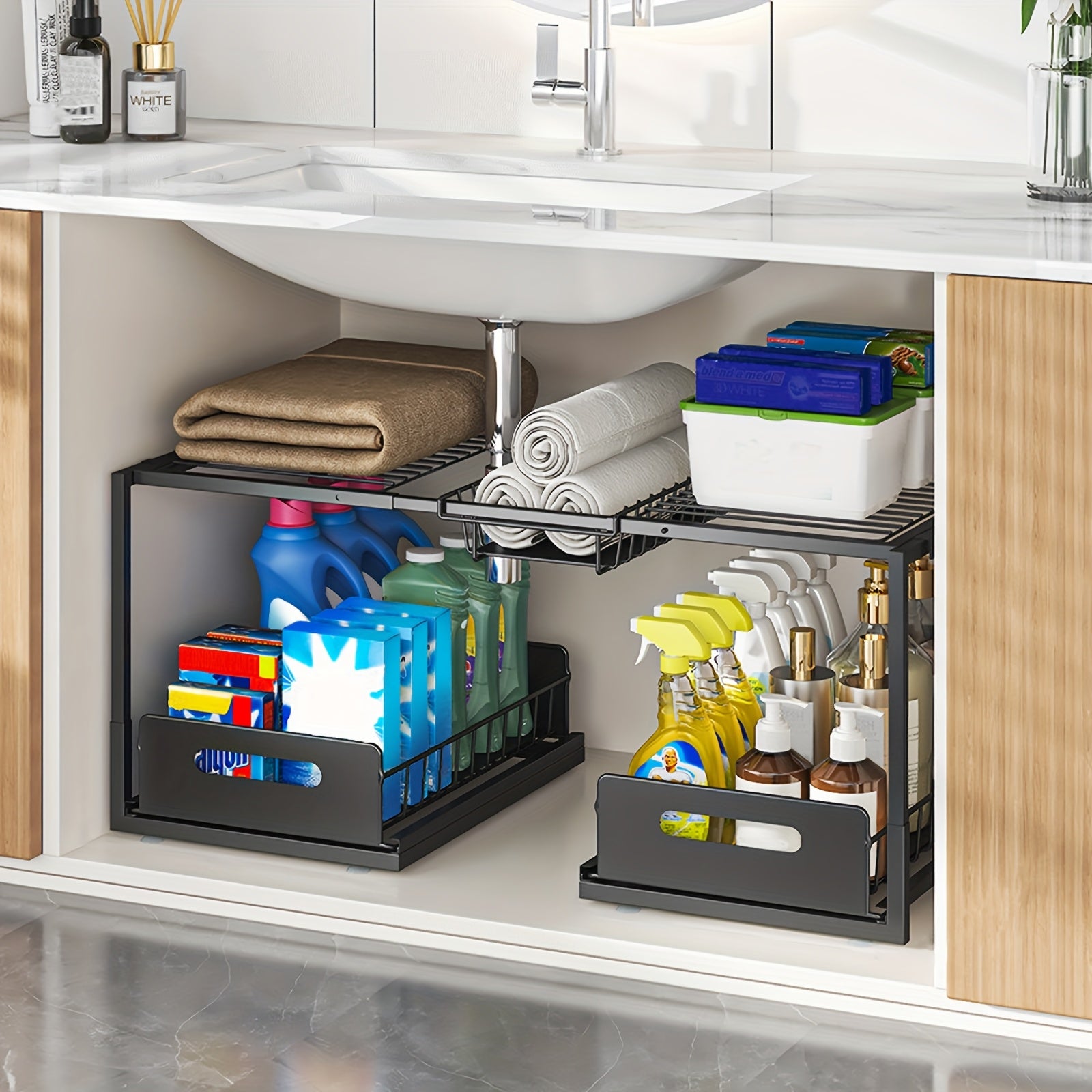 2-Tier Extendable Under Sink Organizer by Snagg A Rack