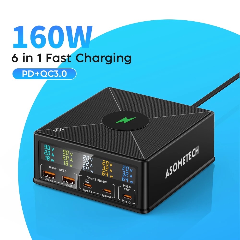 160W 5-Port USB Charging Station | 15W Wireless + 65W PD + QC3.0 Fast Charger iPhone MacBook Samsung