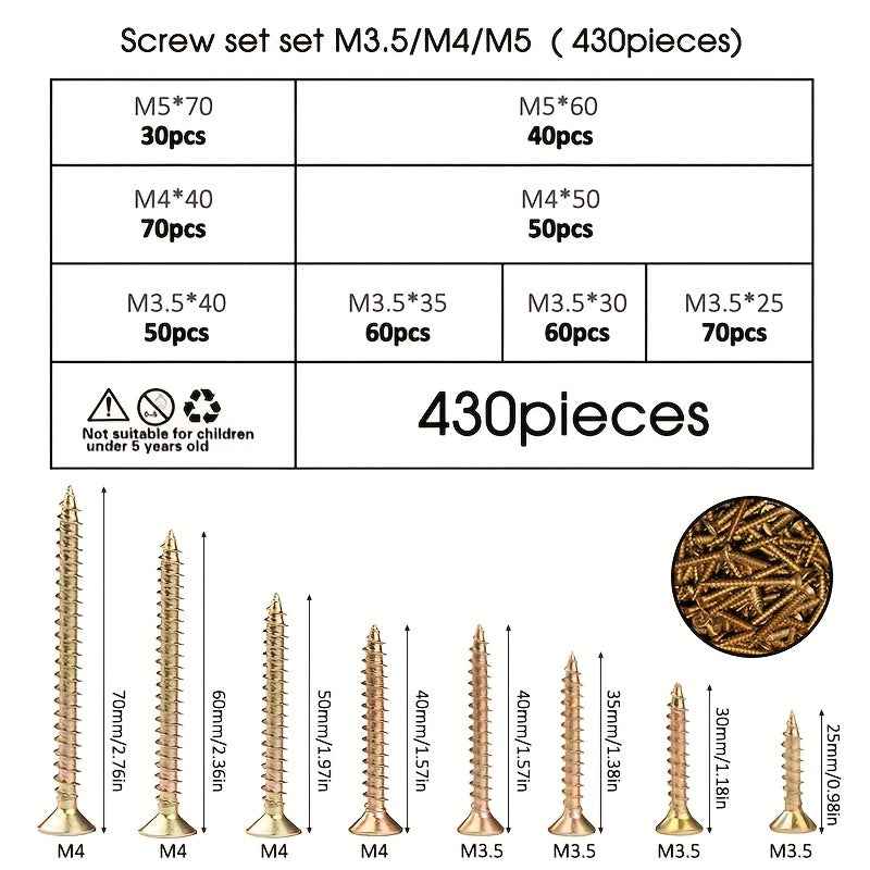 430 Piece Wood Screw Set (25–70mm Assorted Sizes) - pieces - Power Tools Gadget