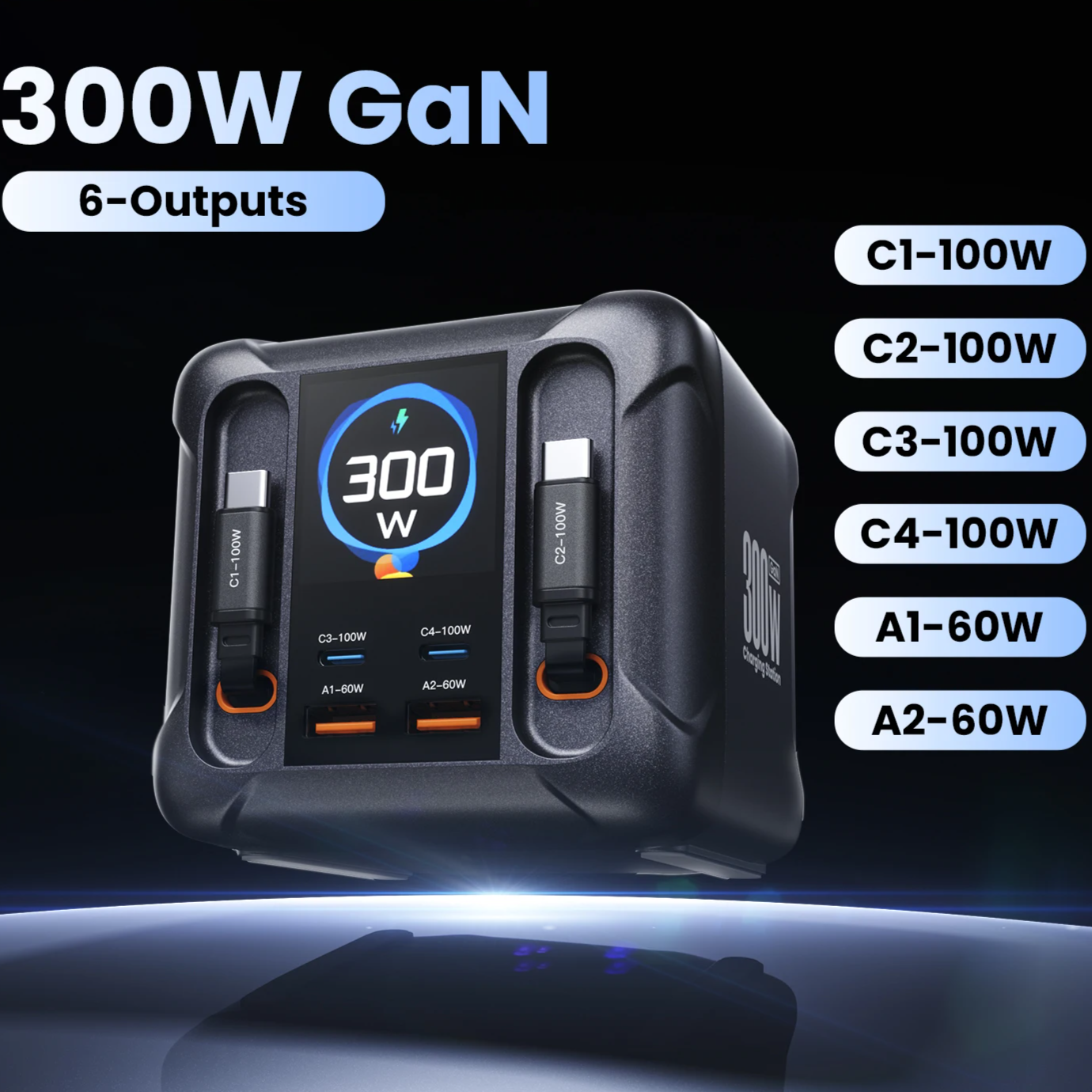 300W GaN USB Charging Station | LED Display + Retractable 100W & 65W USB-C PD3.0 PPS Fast Charger