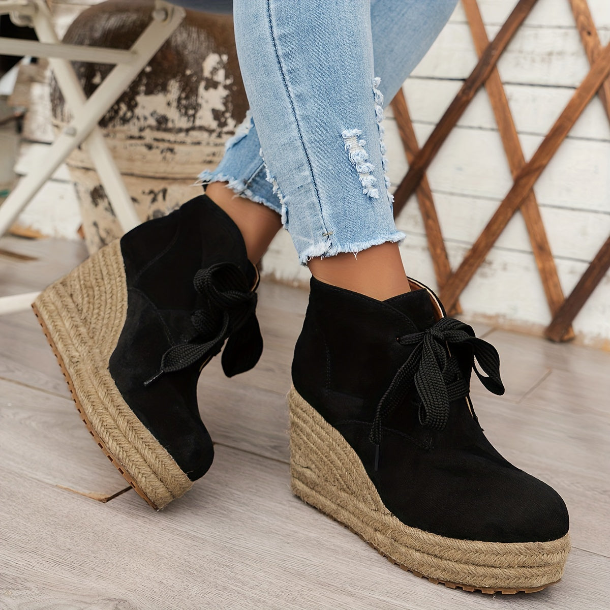 Women’s Casual Lace-Up Ankle Boots with Woven Jute Platform Heel by Snagg A Shoes