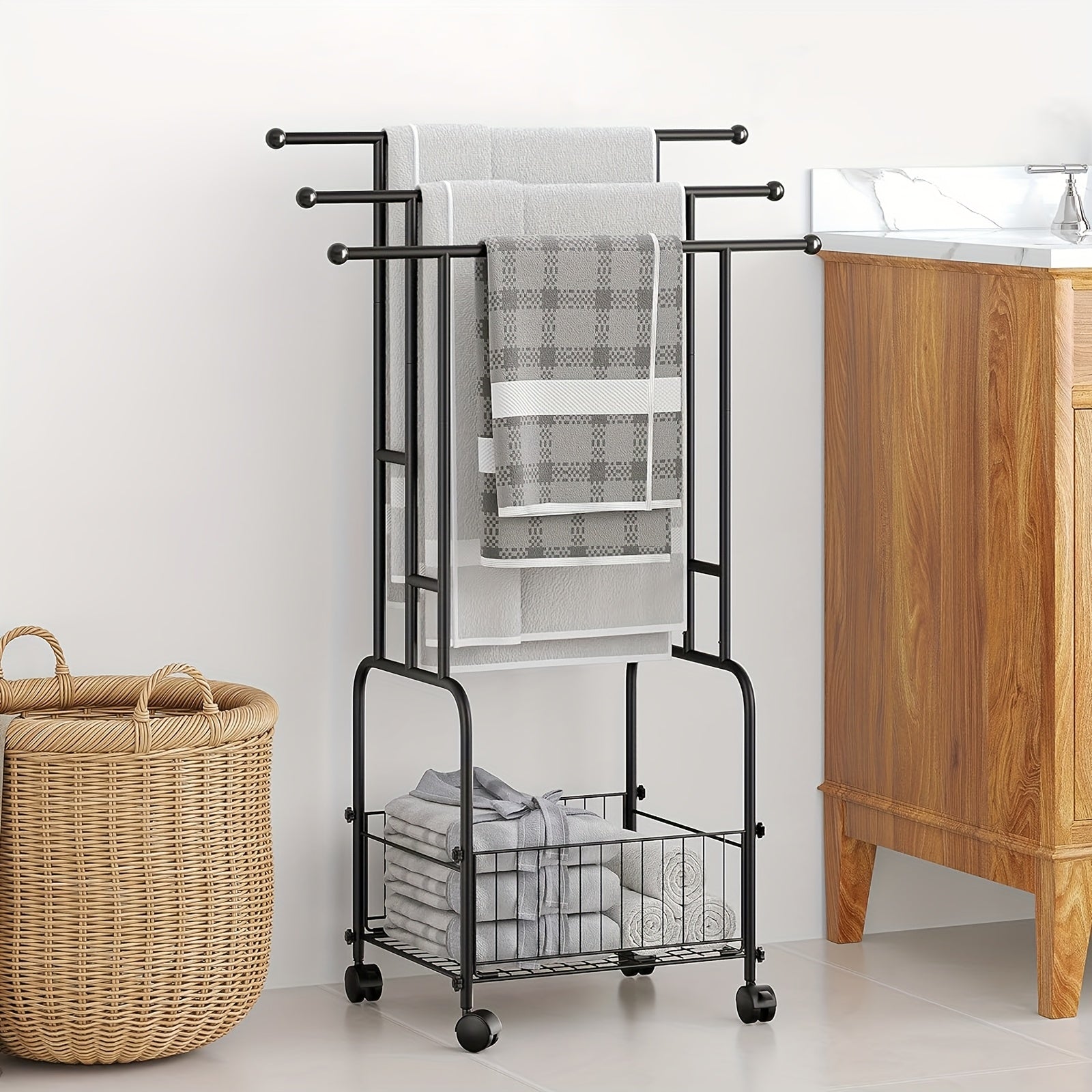 Heavy-Duty 3-Tier Freestanding Towel Rack with Storage Basket by Snagg A Rack
