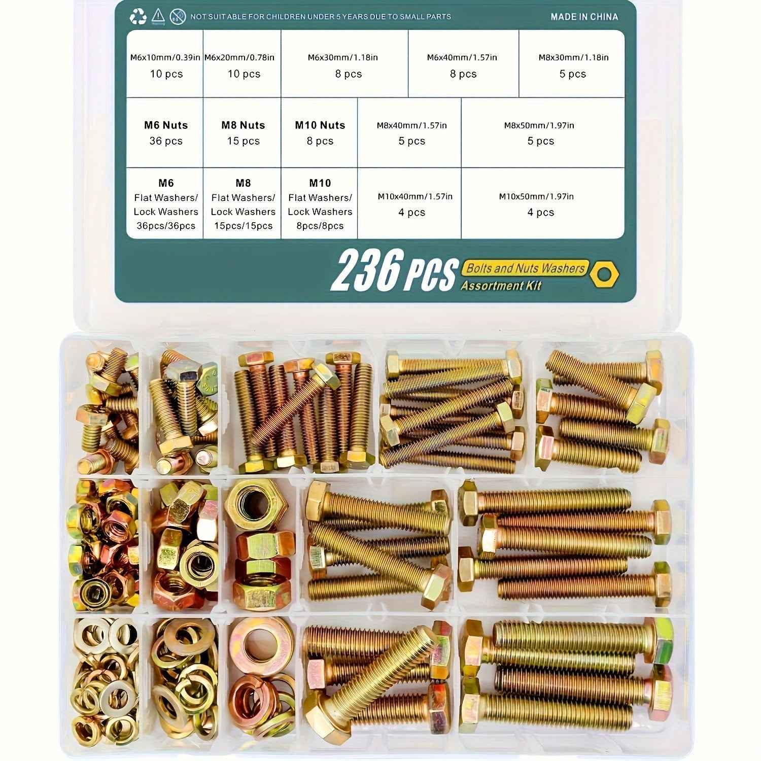 236 Pcs Heavy Duty Bolt & Nut Kit — Grade 8.8 Alloy Steel M6/M8/M10 Hex Bolts Nuts Washers - 236pcs/set - Power Tools