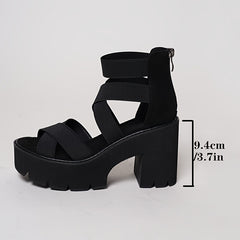 Women’s Platform Sandals Chunky Mid-Heel with Elastic Ankle Straps & Side Zipper by Snagg A Shoes