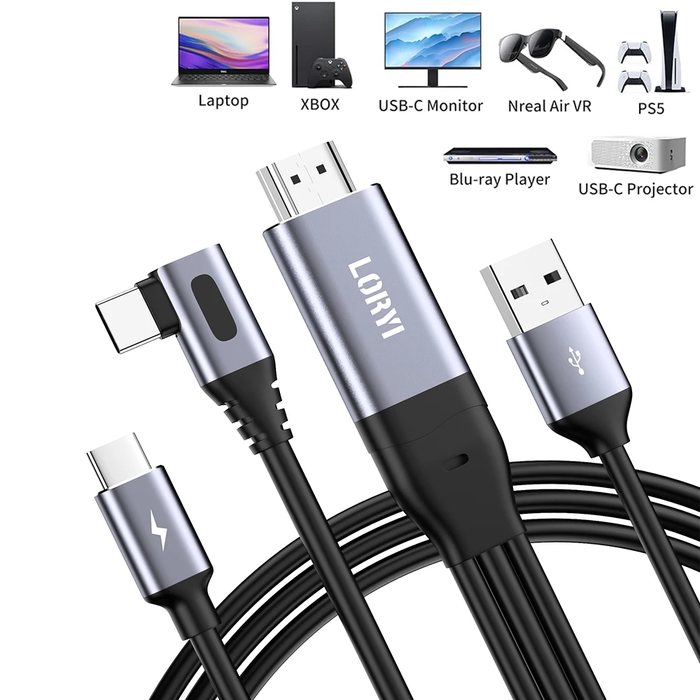90-Degree HDMI to USB-C Cable 4K@60Hz 2.5M – Touch Monitor Support for Xreal, Xbox, PS5 & Laptop