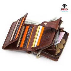 Genuine Leather RFID Short Wallet with Coin Pocket & Card Holders
