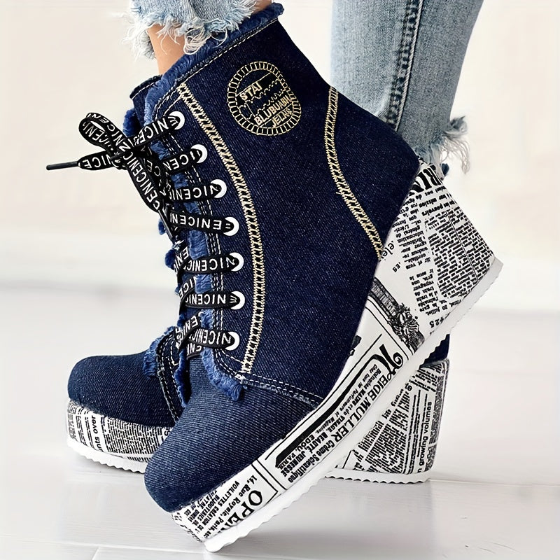 Women’s Solid Color Denim Lace-Up Boots by Snagg A Shoes