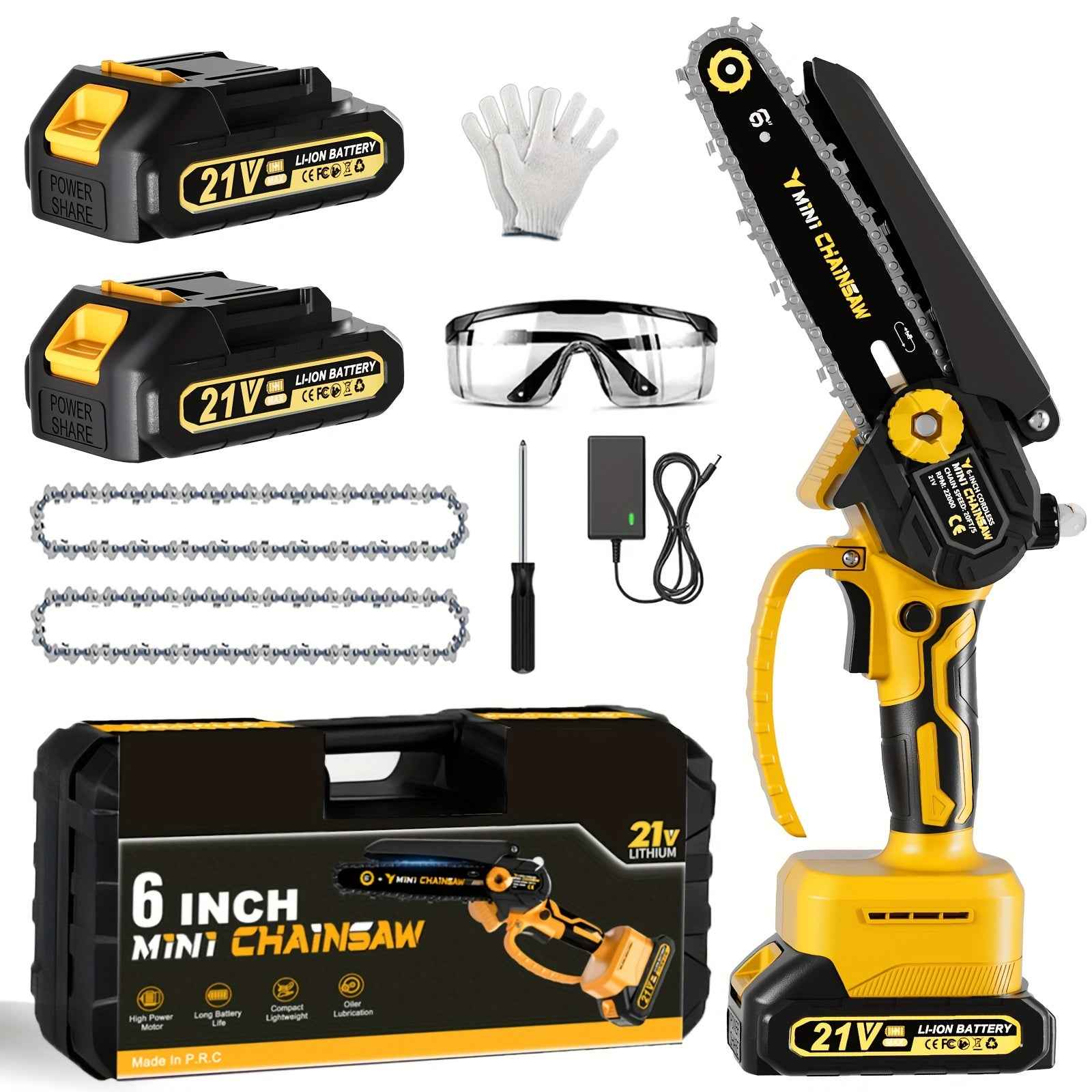 6 Inch Cordless Mini Chainsaw – 2× 21V Batteries | 880W Pure Copper Motor - 2 Chains - Garden Power Tools