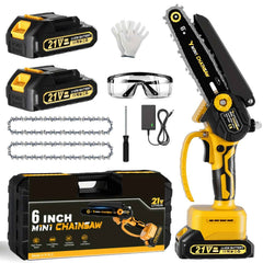 6 Inch Cordless Mini Chainsaw – 2× 21V Batteries | 880W Pure Copper Motor - 2 Chains - Garden Power Tools