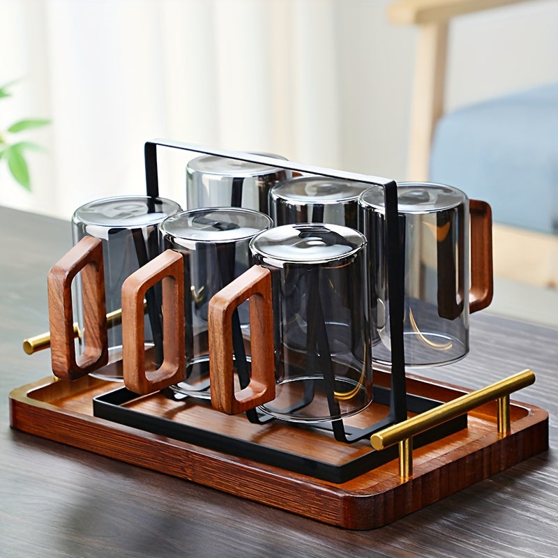 Glass Cup Set With Wooden Handle 4 Or 6 Pack Home Tea Cups by Snagg A Cup