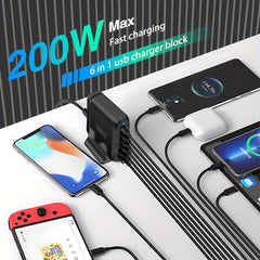 200W Ultra Fast Charging Adapter — 6 Port Power Hub (4× USB-C + 2× USB-A)