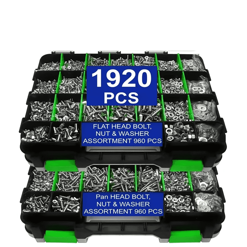 1920pcs Nut and Bolt Assortment Kit Stainless Steel Phillips Pan Head & Countersunk Bolts with Double-Sided Toolbox