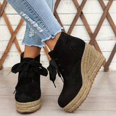 Women’s Casual Lace-Up Ankle Boots with Woven Jute Platform Heel by Snagg A Shoes