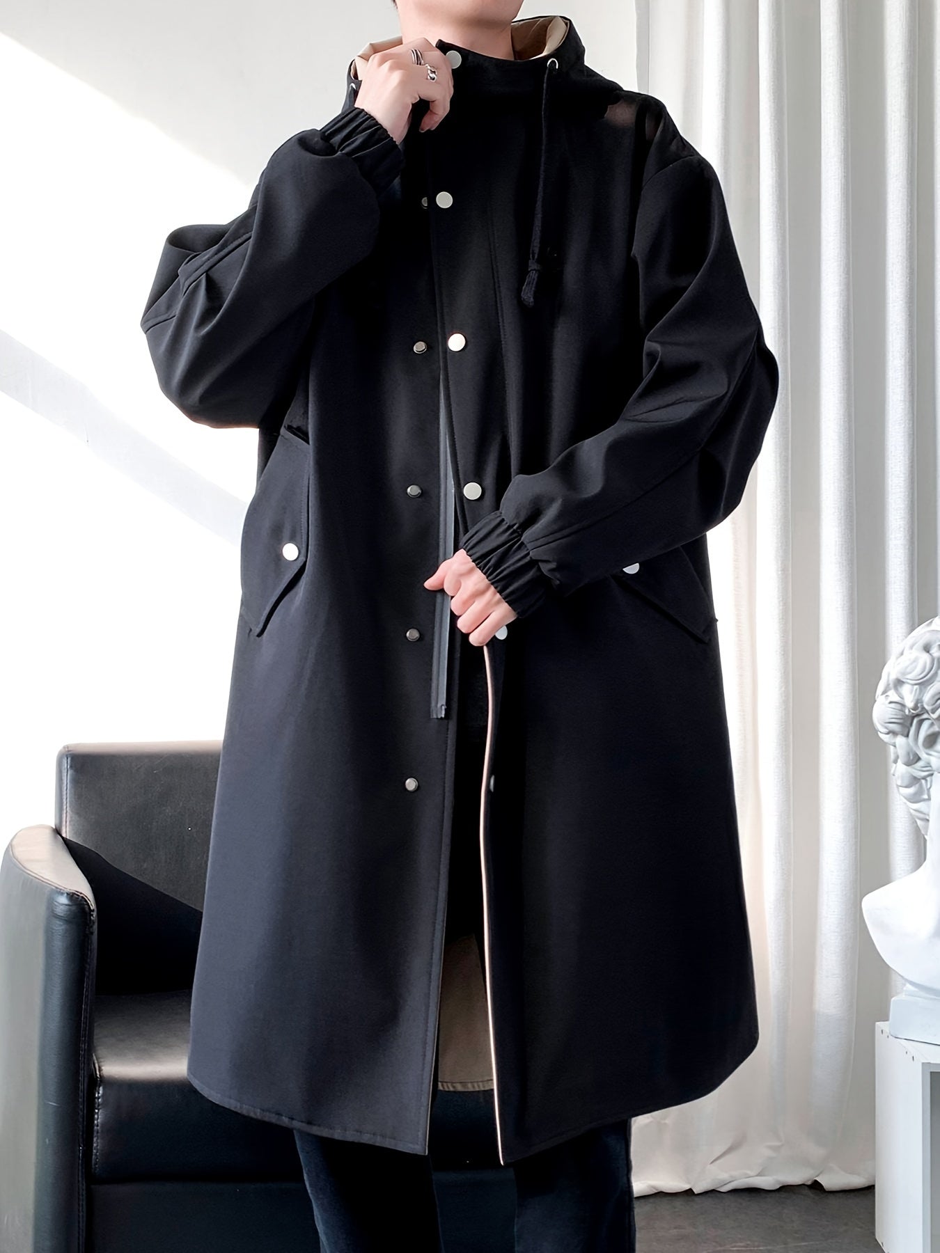 Men’s Mid-Length Beige Hooded Trench Coat by Snagg A Coat