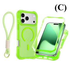 Shockproof Armor 3 in 1 Magnetic Case with Wrist Strap – for iPhone 16 Series - C - Fluorescent Green / Pro - Phone