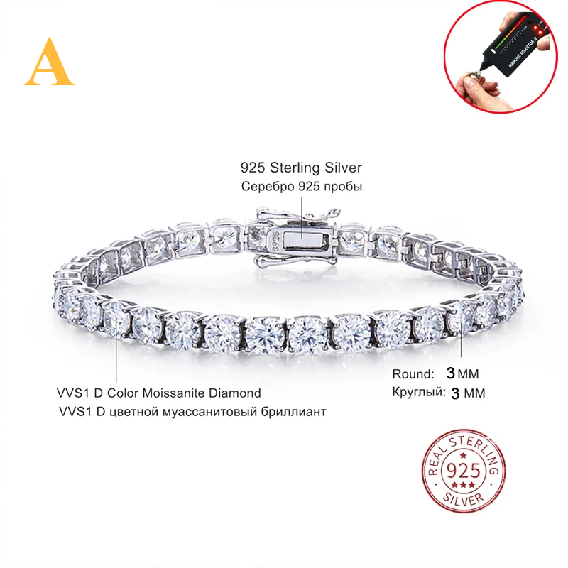 3.0mm D Color VVS1 Moissanite Tennis Bracelet - A / 3mm / 16cm / 925 Silvery - Bracelets