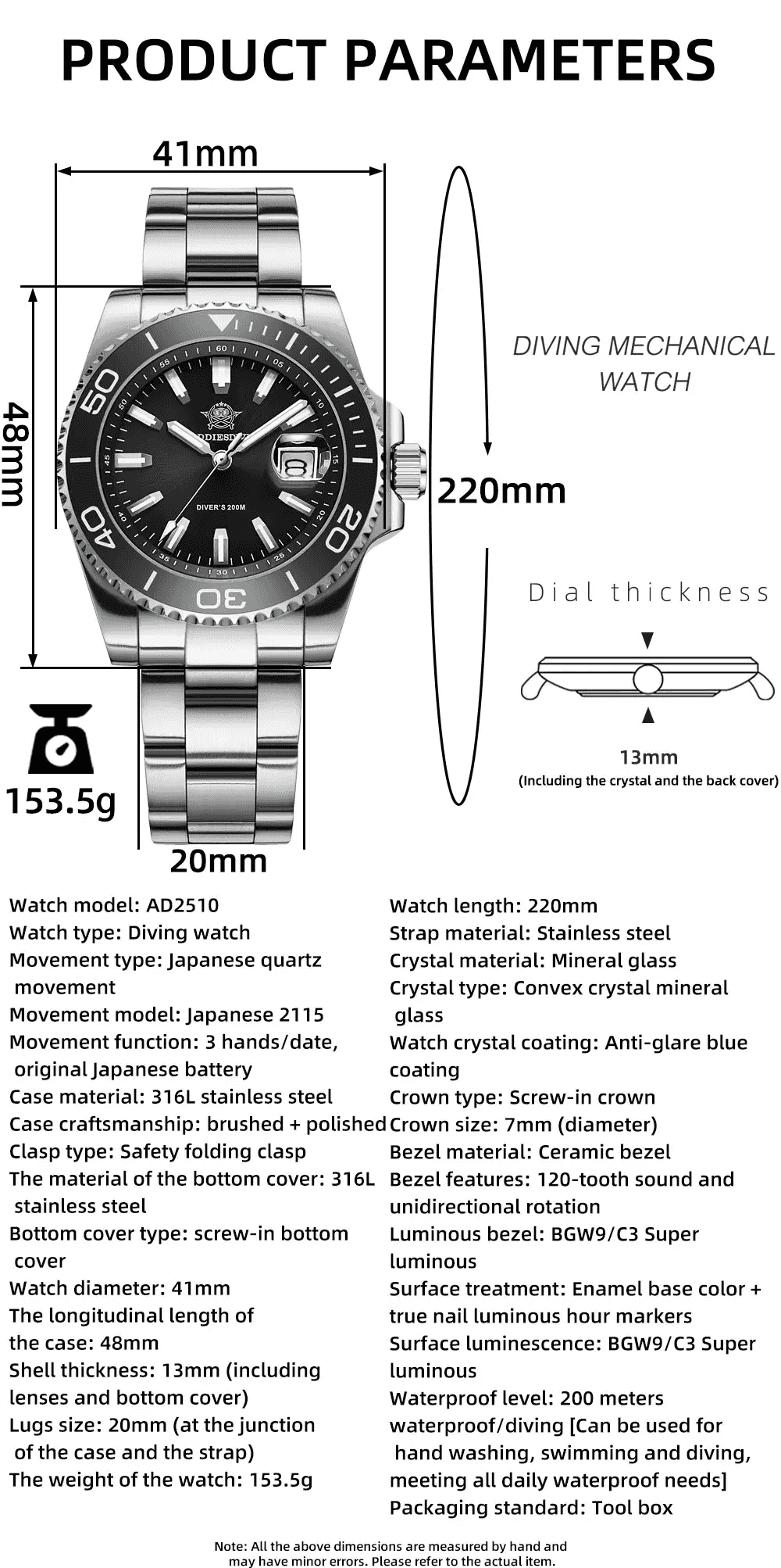 Luxury 41 mm Diver’s Quartz Watch - Men’s Watches