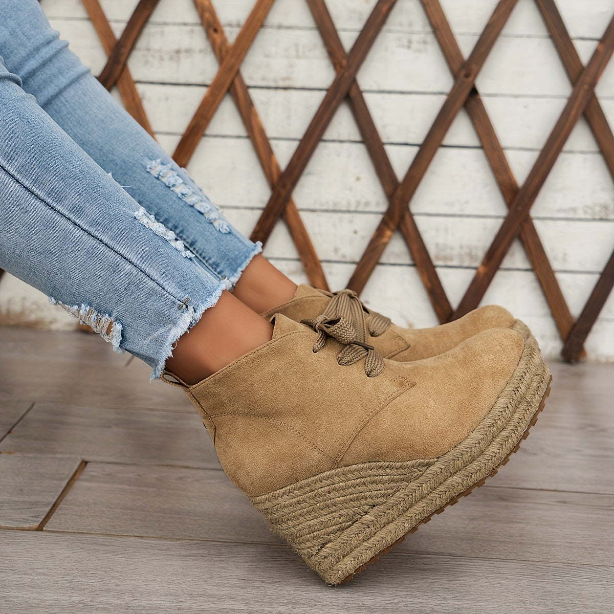 Women’s Casual Lace-Up Ankle Boots with Woven Jute Platform Heel by Snagg A Shoes