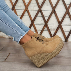 Women’s Casual Lace-Up Ankle Boots with Woven Jute Platform Heel by Snagg A Shoes