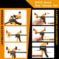 4"/6" One-Handed Bar Clamps for Woodworking – 2PCS Light-Duty Quick-Change F Clamp / Spreader