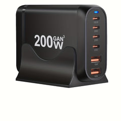 200W Ultra Fast Charging Adapter — 6 Port Power Hub (4× USB-C + 2× USB-A)