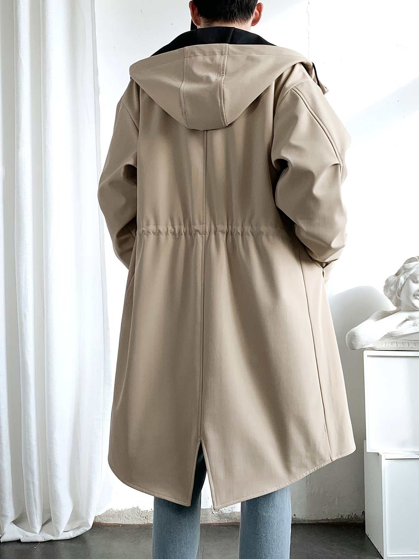 Men’s Mid-Length Beige Hooded Trench Coat by Snagg A Coat