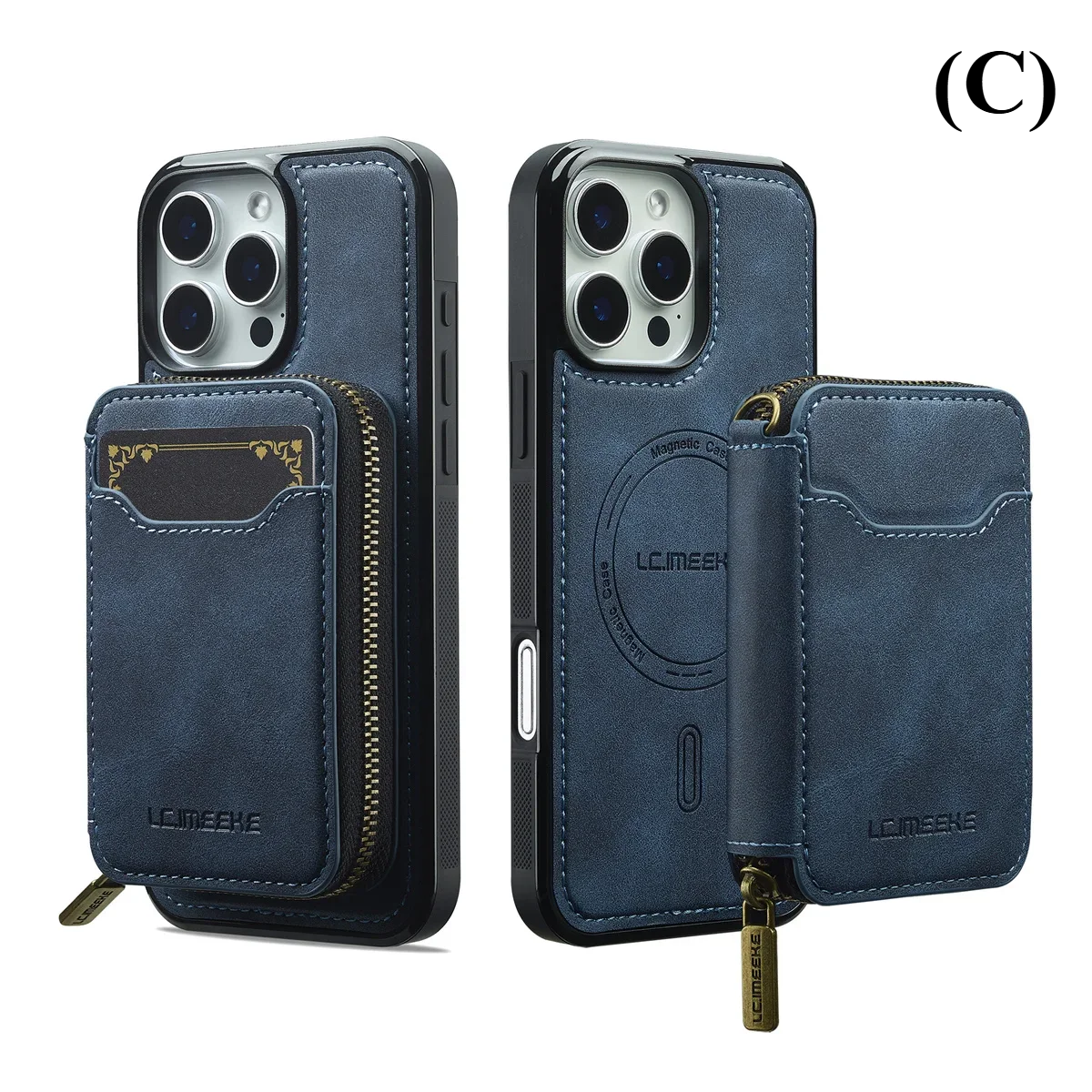 2 in 1 MagSafe Magnetic Leather Wallet & Card Holder Case - for iPhone 15 Series - C - Blue / Pro Max - Phone Cases