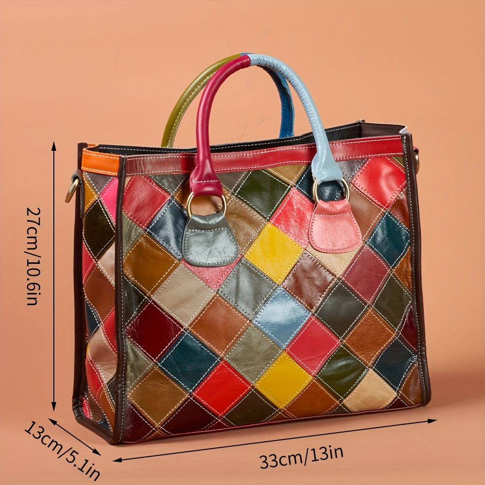 Multicolor Plaid Leather Tote Bag by Snagg A Bag