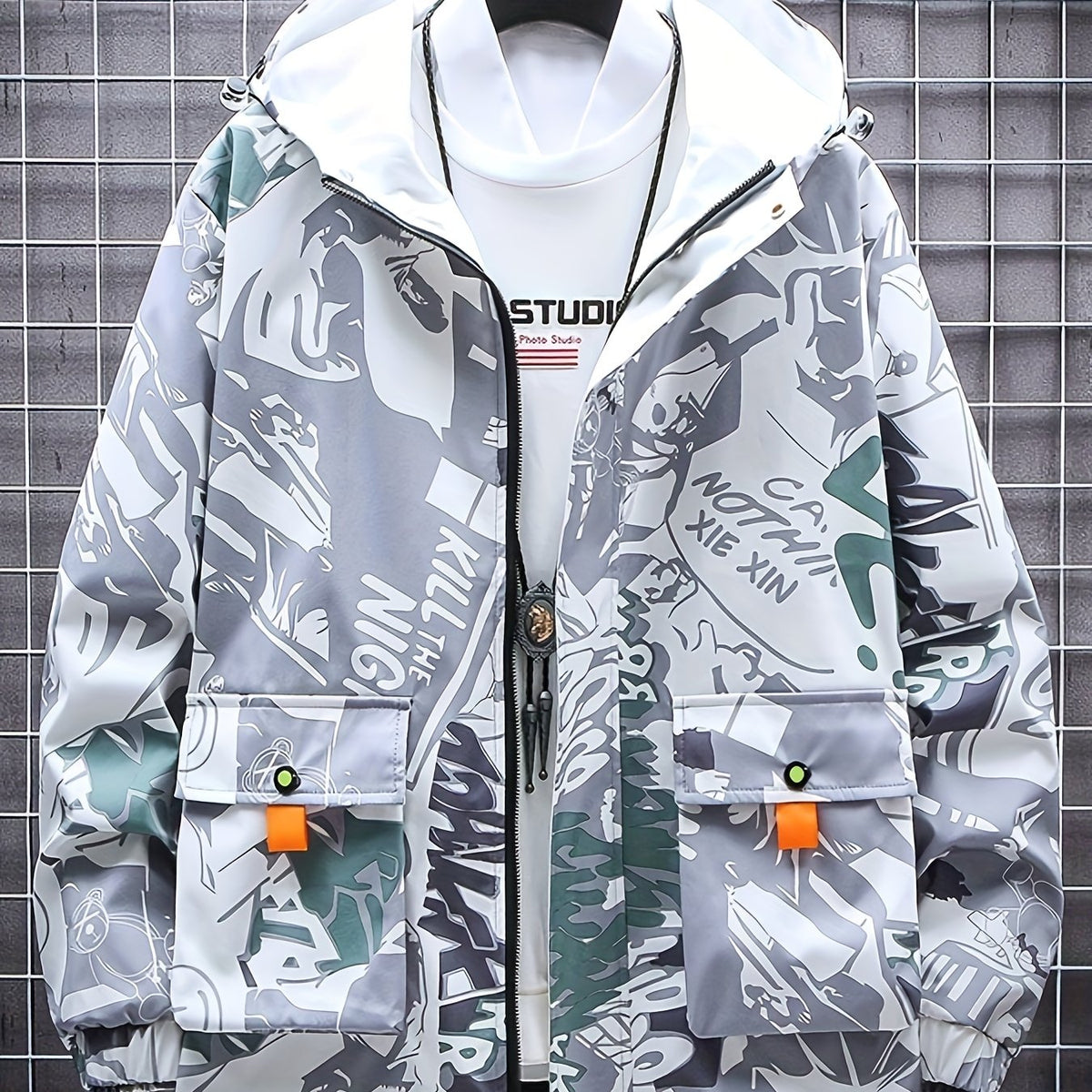 Men’s Graffiti Print Hooded Windbreaker – Mid-Length, Unisex Streetwear by Snagg A Jacket