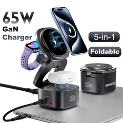 Magnetic 5-in-1 Wireless Charger Stand | 65W GaN Fast Charging Dock for MacBook iPhone Apple Watch AirPods
