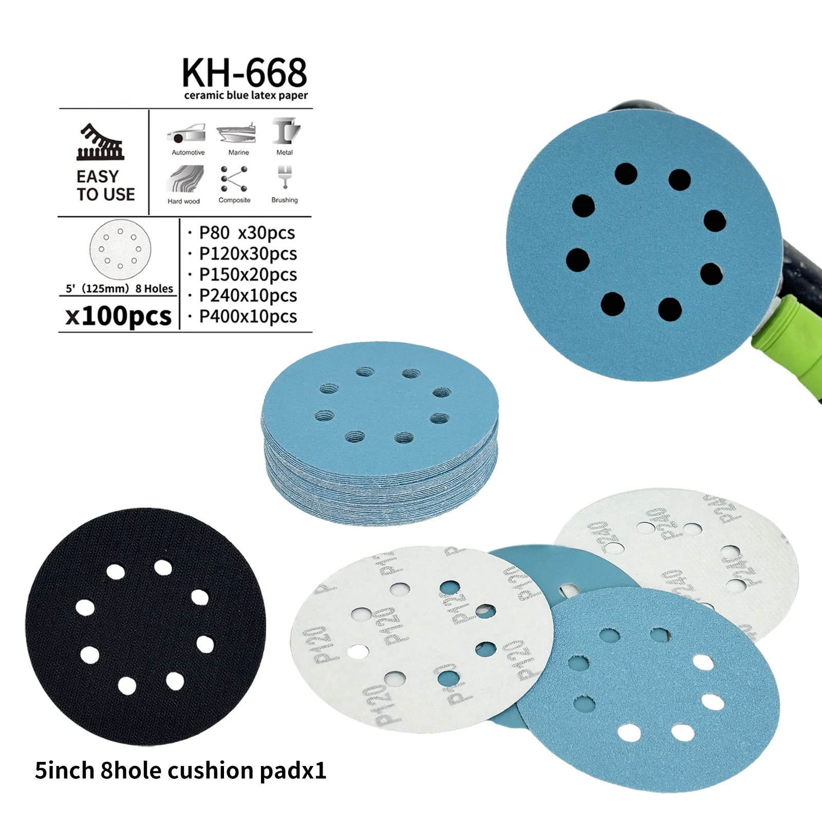 5 Inch 8-Hole Ceramic Sanding Discs | Flocked Hook & Loop 80–320 Grit Grinding Polishing Disc 100pcs