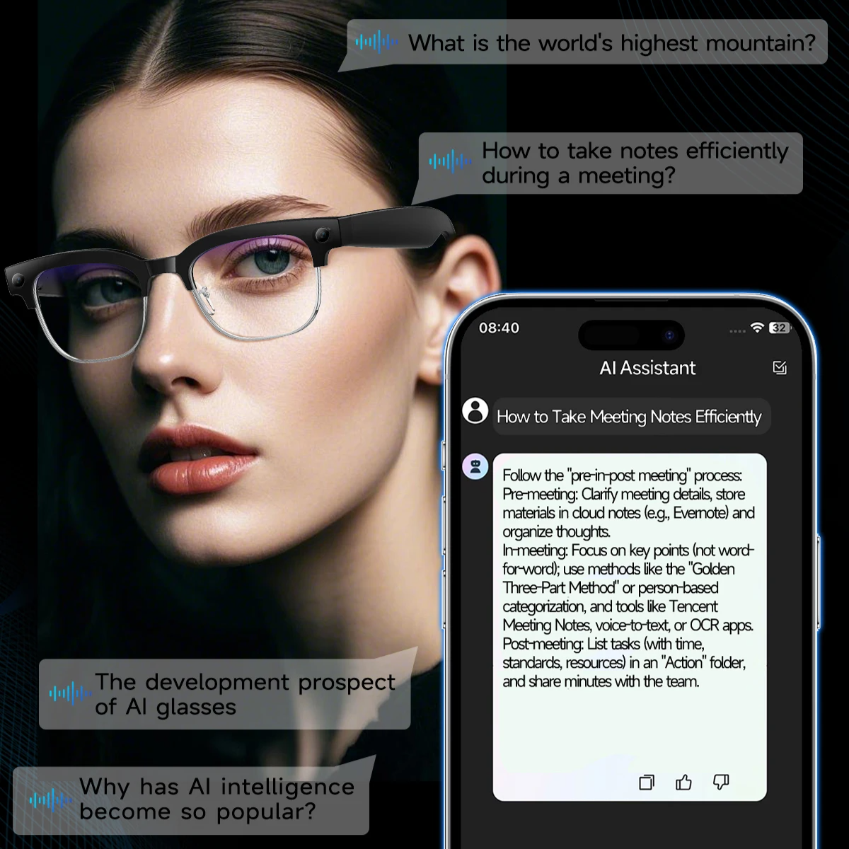Woman wearing smart glasses with an AI assistant app on a phone displaying meeting notes.