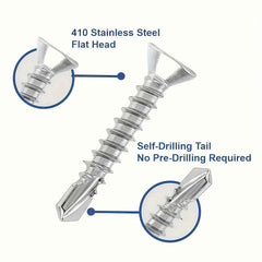500pcs 410 Stainless Steel Self Drilling Screws (Self-Tapping) Phillips Flat Head - Total 500 pieces + Bit - Power