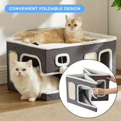 Extra-Wide Modern Cat House with Plush Ball Hammock by Snagg A Cave