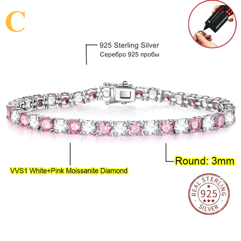 3.0mm D Color VVS1 Moissanite Tennis Bracelet - C / 3mm / 16cm / 925 Silvery - Bracelets