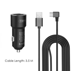 Dual USB Type-C Car Charger | 3.5m Power Cable for High Performance Dash Cams
